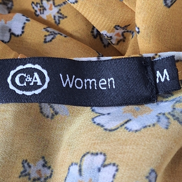 C&A Mustard Yellow Boho Floral Cottagecore Long Bell Sleeve Relaxed Fit Dress M - Picture 9 of 11